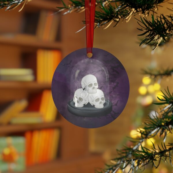 Skulls Halloween Tree Ornament, Round, Metal, Purple, Black, Gray, White - Image 4