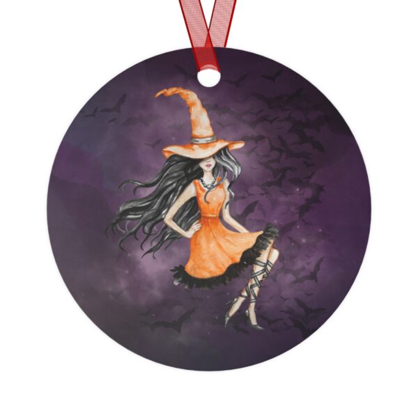 Witch Halloween Tree Ornament, Round, Metal, Purple, Black, Orange, Gray, White