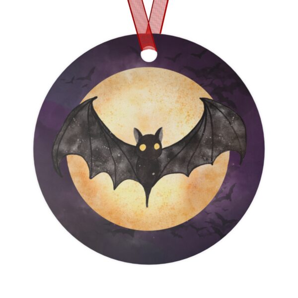 Bat Halloween Tree Ornament, Round, Metal, Purple, Black, Yellow, Gray