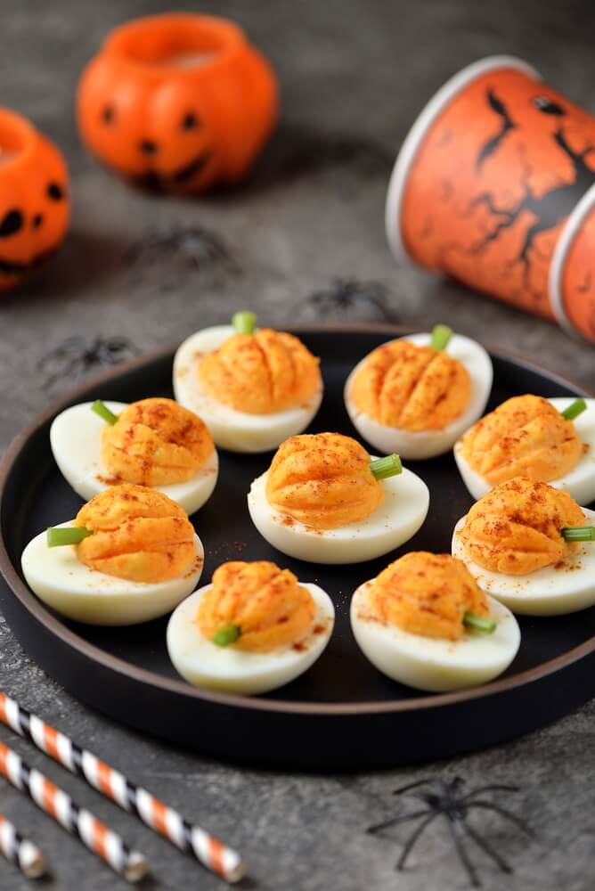 Halloween Eggs Spooky Breakfast & Party Food Ideas - Pumpkin Eggs
