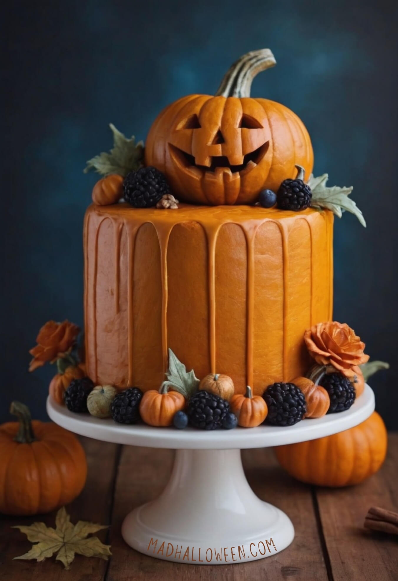 Fall Pumpkin Cake with Orange Drip Icing and Jack O Lantern Decorations - Mad Halloween