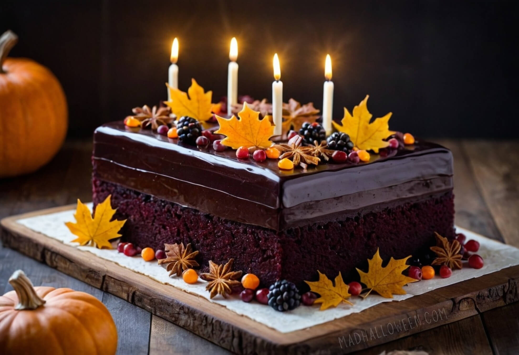 Chocolate & Pomegranate Fall Birthday Cake Decorating Idea - Mad Halloween