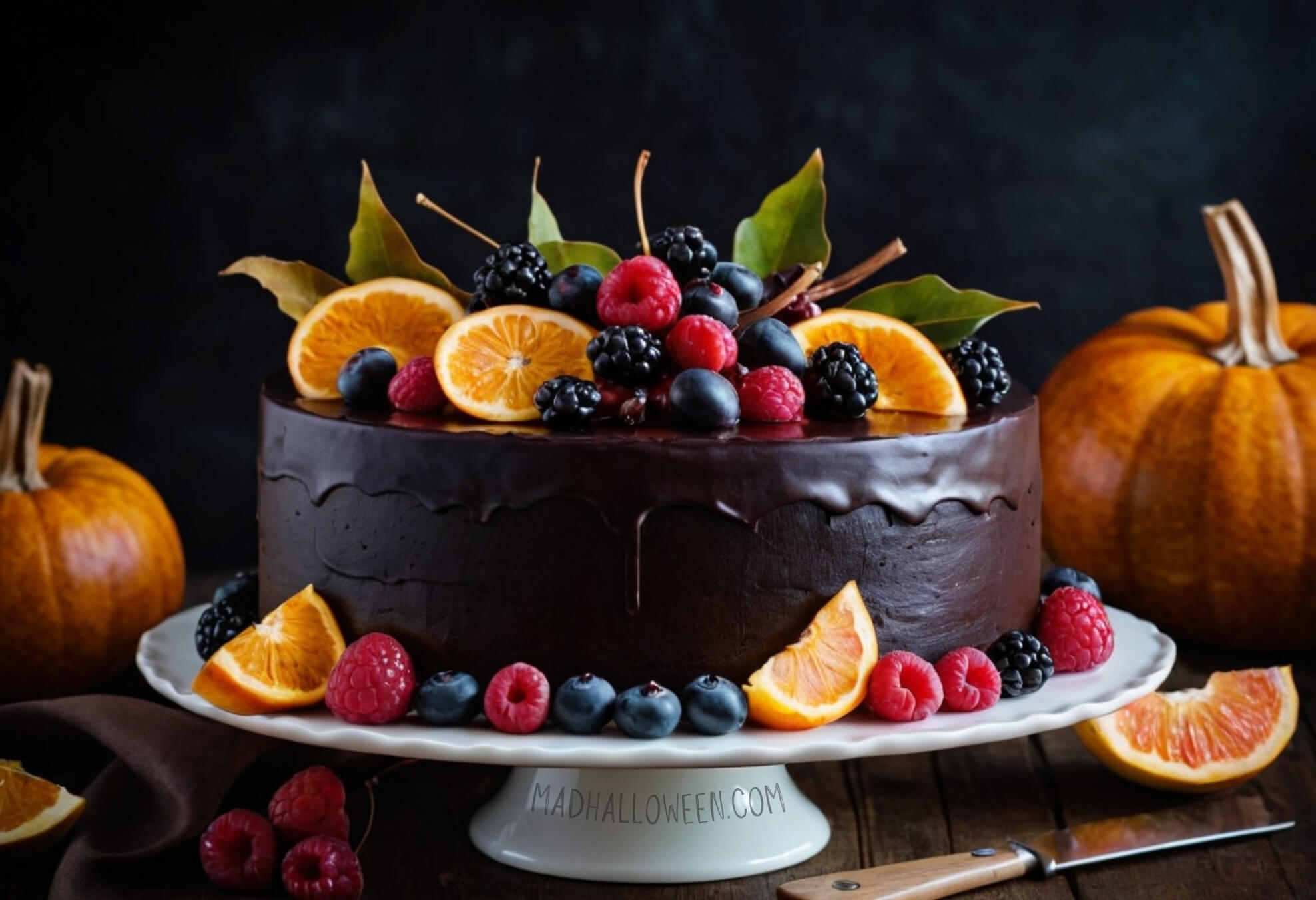 Chocolate Fall Cake Decorated with Berries and Oranges - Mad Halloween