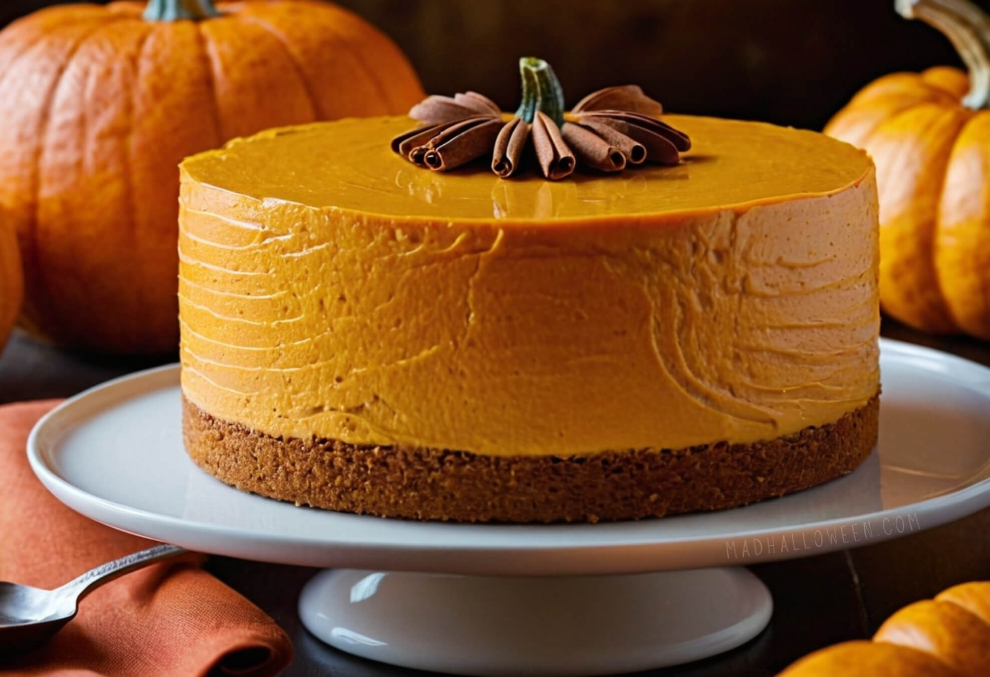 Fall Pumpkin Cheesecake with Cinnamon and Pumpkin Stem Cake Idea - Mad Halloween