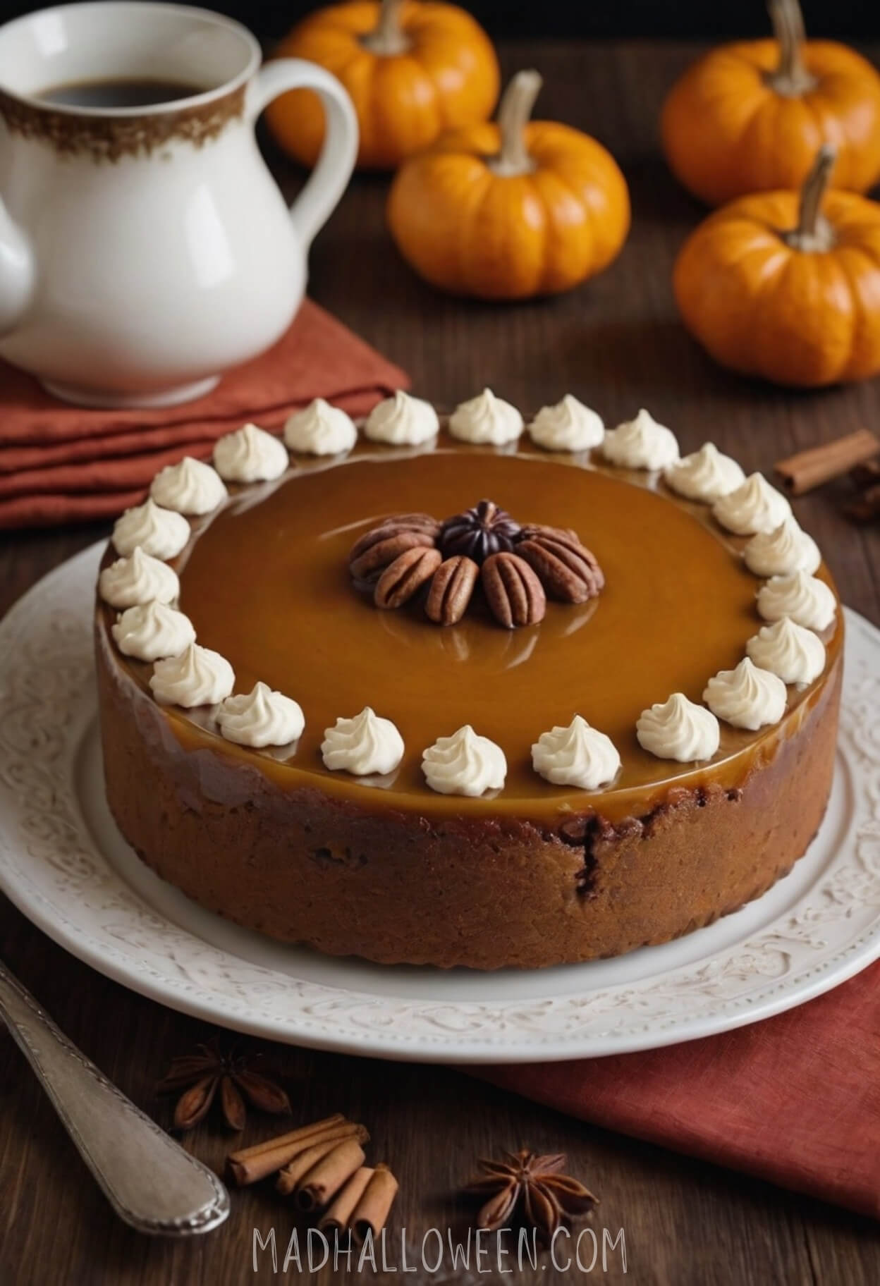 Fall Pecan Cheesecake with with Cream Meringue Decoration - Mad Halloween