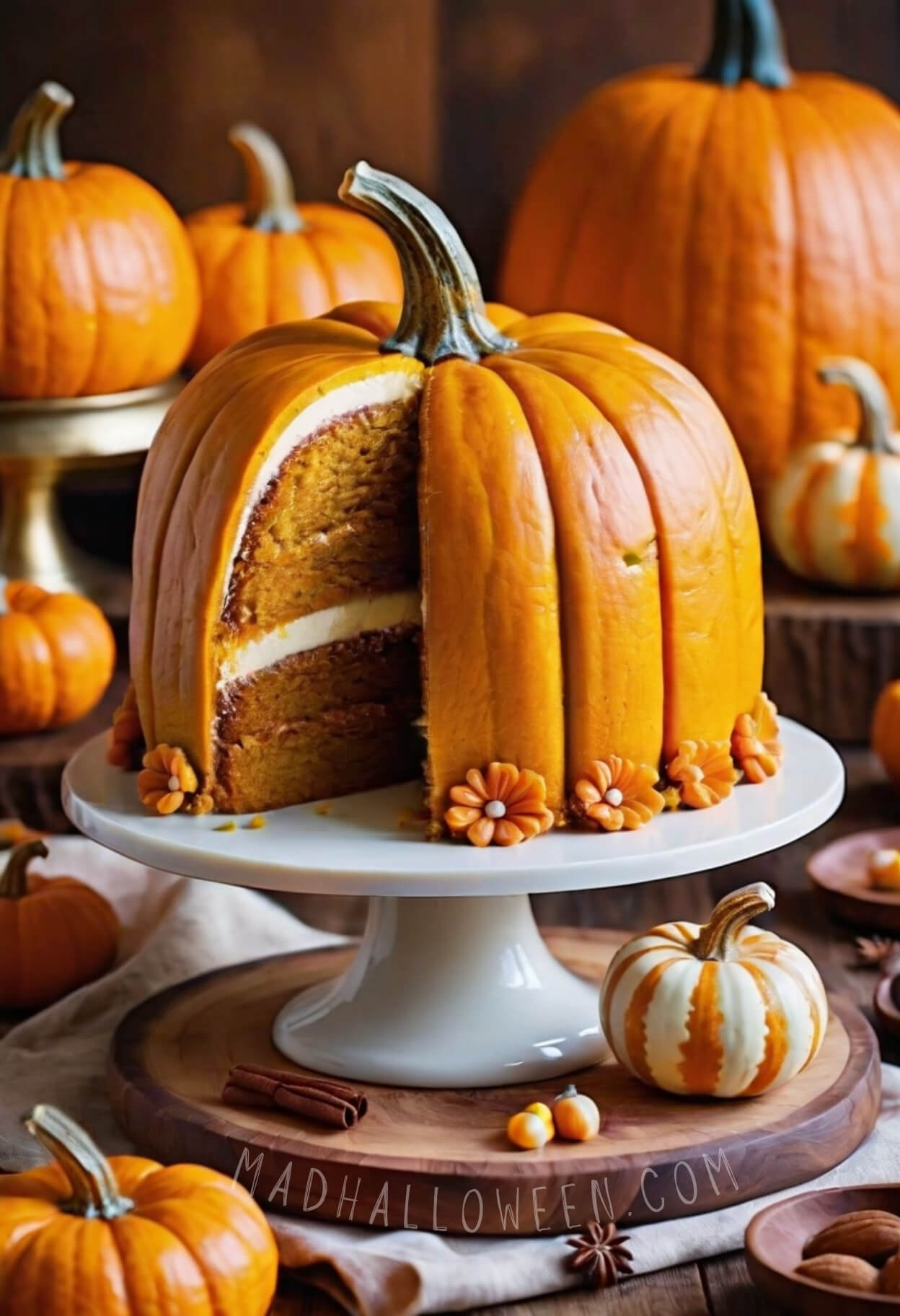 Pumpkin Shaped Cake with Cream Cheese- Fall Cake Decorating Idea - Mad Halloween