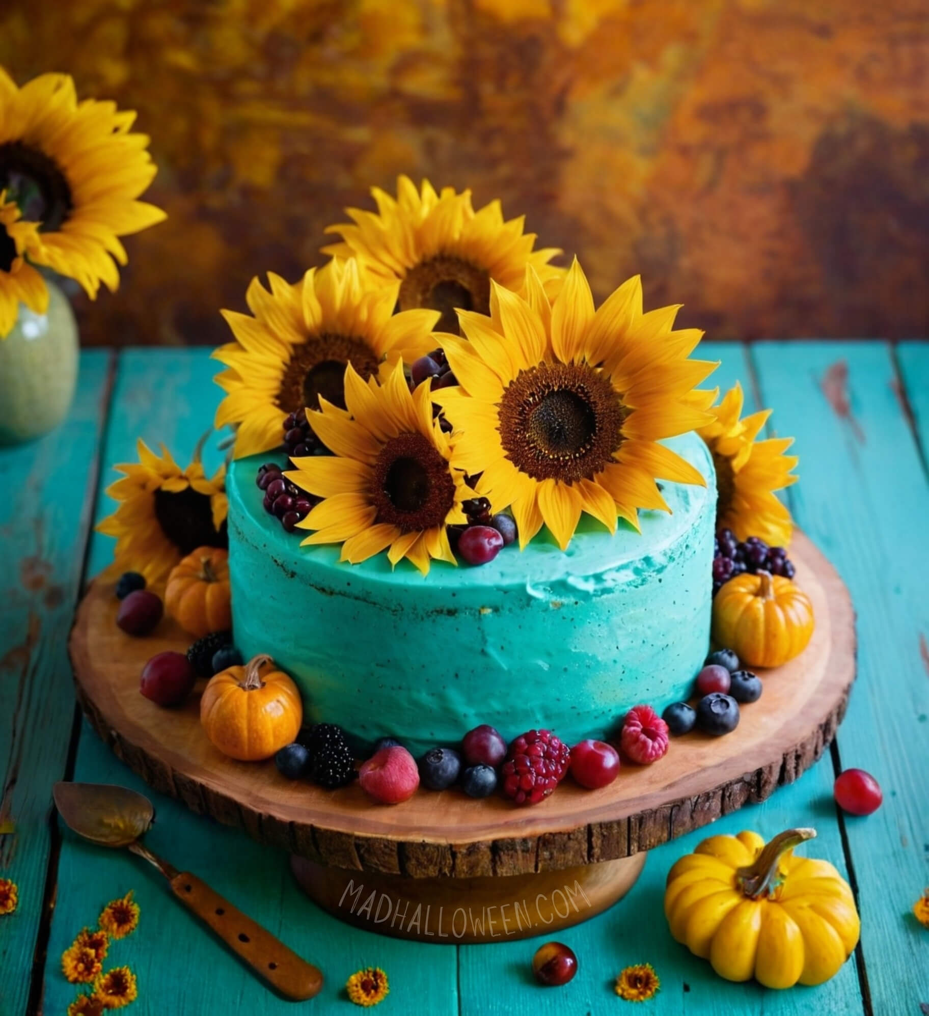 Fall Cake Decorating Idea - Turquoise Buttercream Cake with Sunflowers - Mad Halloween