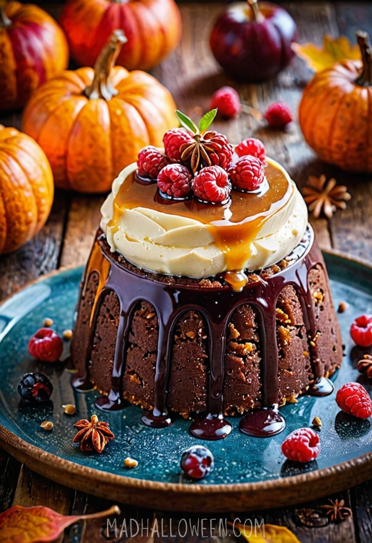 Fall Pudding Cake with Buttercream Raspberries and Caramel and Chocolates Sauce - Mad Halloween