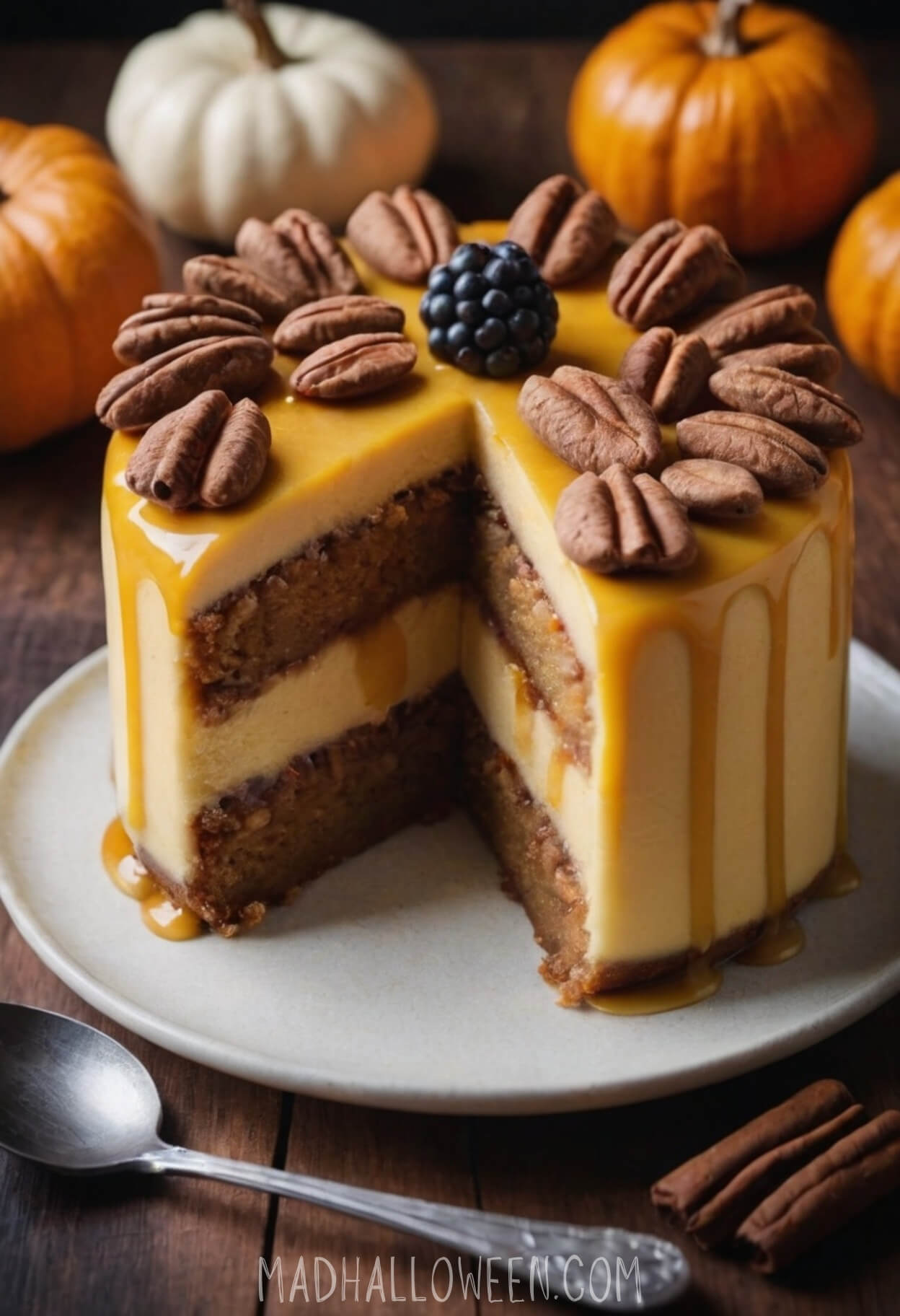 Mini Fall Pumpkin Cake Decorating Idea with Pecans, Blackberry, Caramel Sauce, Buttercream 