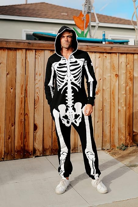 Halloween Skeleton Costume for Men - Comfy Easy Adult Onesie Jumpsuit - Front and Back Print with Zip Up Mask Black and White