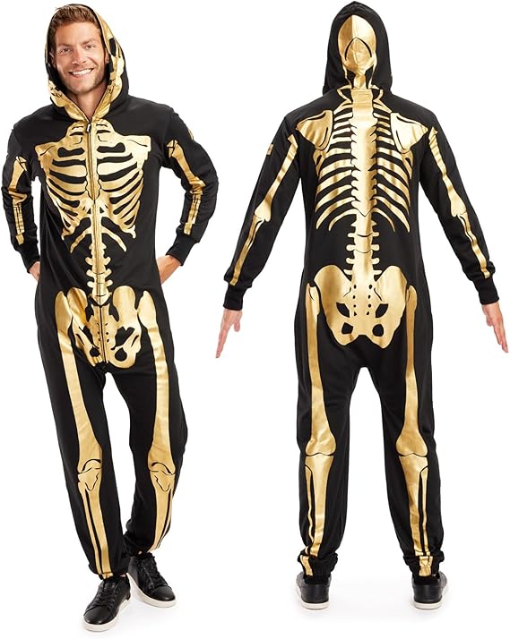 Halloween Skeleton Costume for Men - Comfy Easy Adult Onesie Jumpsuit - Front and Back Print with Zip Up Mask Gold - Men's Skeleton Costume Idea - Mad Halloween